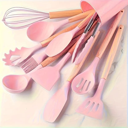 12 Pcs Non-Stick Silicone Kitchen Utensil Set with Wooden Handles - Safe, Easy to Clean, Ideal for Cooking and Baking - Hiccupzz