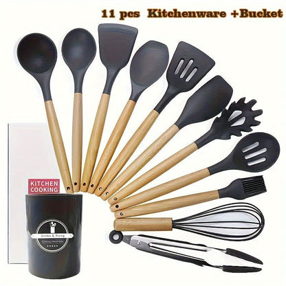12 Pcs Non-Stick Silicone Kitchen Utensil Set with Wooden Handles - Safe, Easy to Clean, Ideal for Cooking and Baking - Hiccupzz