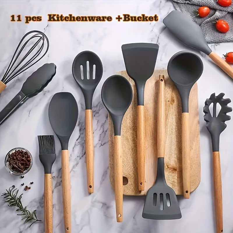 12 Pcs Non-Stick Silicone Kitchen Utensil Set with Wooden Handles - Safe, Easy to Clean, Ideal for Cooking and Baking - Hiccupzz