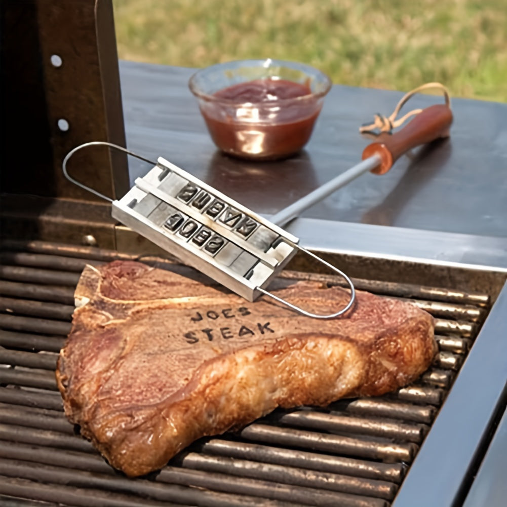 Customizable BBQ Branding Iron with 55 Letters - Durable Wooden Handle, Easy to Clean - Perfect for Steaks, Burgers & Grill Accessories