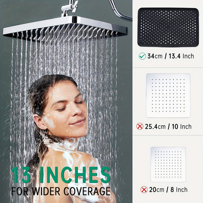 13-Inch Shower Heads with Multi-Function Handheld Sprayer Combo, 3-Way Metal Extended Diverter with Holder and Metal Adjustable Curved Shower Extension Arm - Hiccupzz