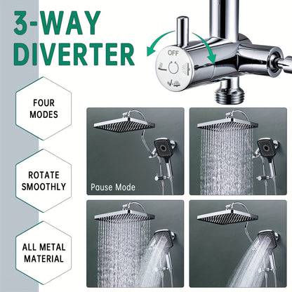 13-Inch Shower Heads with Multi-Function Handheld Sprayer Combo, 3-Way Metal Extended Diverter with Holder and Metal Adjustable Curved Shower Extension Arm - Hiccupzz