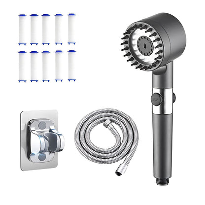 13-piece pressurized shower head, three-speed adjustable bathroom shower massage, one-touch water-stop shower head filter, stainless steel panel - Hiccupzz