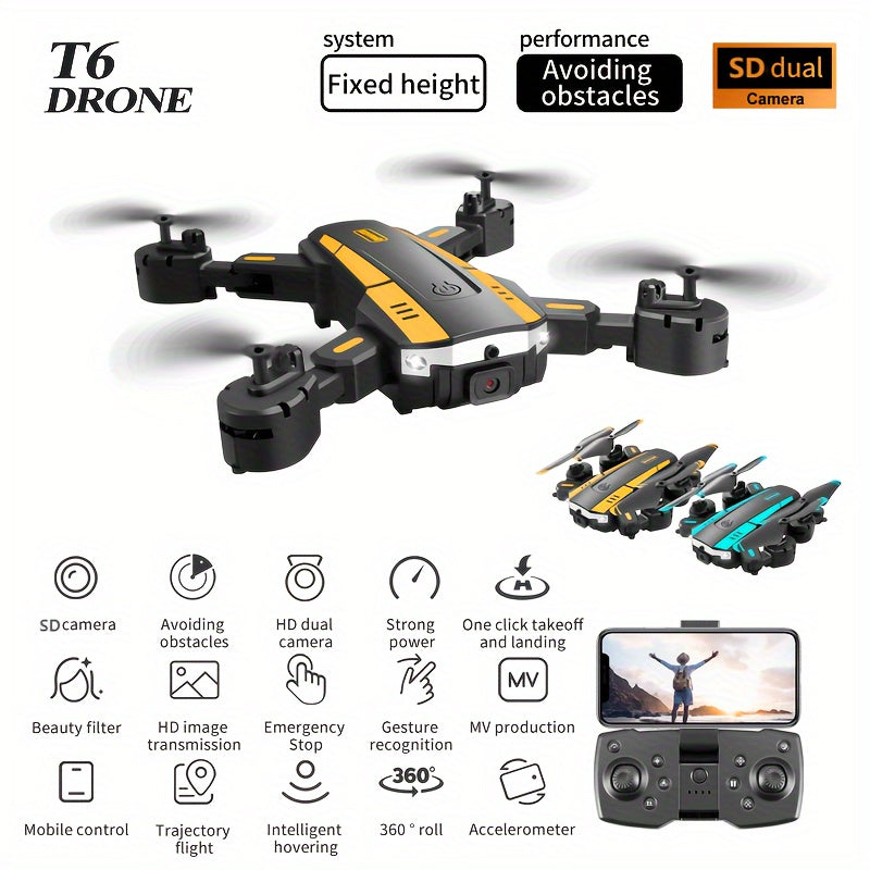 T6 Aerial Drone With HD Dual Camera, One-key Take-off And Landing, 540° Intelligent Obstacle Avoidance, Gesture Recognition, Intelligent Hovering, Foldable Quadcopter