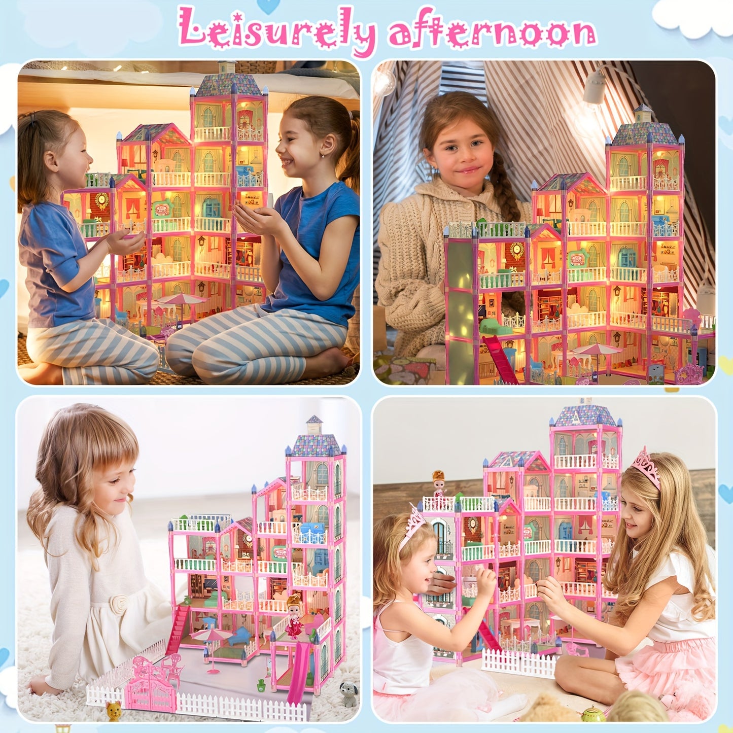 374 Pcs 15 Rooms Doll House For Girls, Princess Playhouse With Lights, Dolls Furniture Accessories,