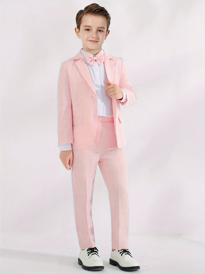3-Pcs Boys Formal Plaid Gentleman Outfits, Long Sleeve Blazer, Bowtie, Pants Set - Hiccupzz