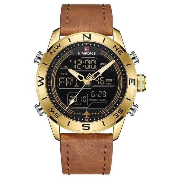 Fashion Gold Men Sport Watches Mens LED Analog Digital Watch Army Military Leather Quartz Watch Relogio Masculino