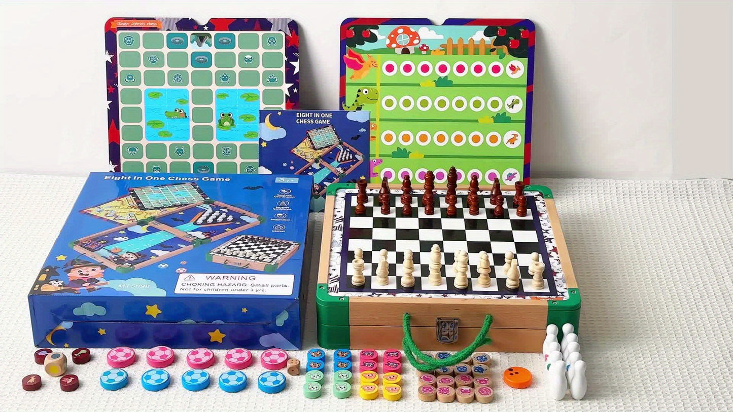 8-in-1 Wooden Board Game Set - Includes Chess, Sling Puck, and More