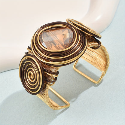 Exquisite Bohemian Style Handmade Open Bangle Bracelet, Round Aluminum Alloy Wire Wrapped, Artificial Crystal Decor - Hiccupzz