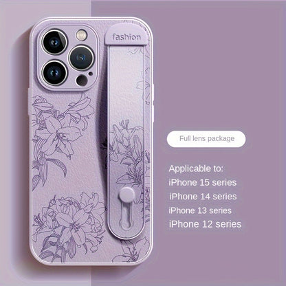 Floral Print Phone Case with Wrist Strap for iPhone 15/14/13/12 Pro Max Series - Elegant Lily Pattern, High-End Anti-Scratch and Drop-Proof Cover with Bracket Feature - Hiccupzz