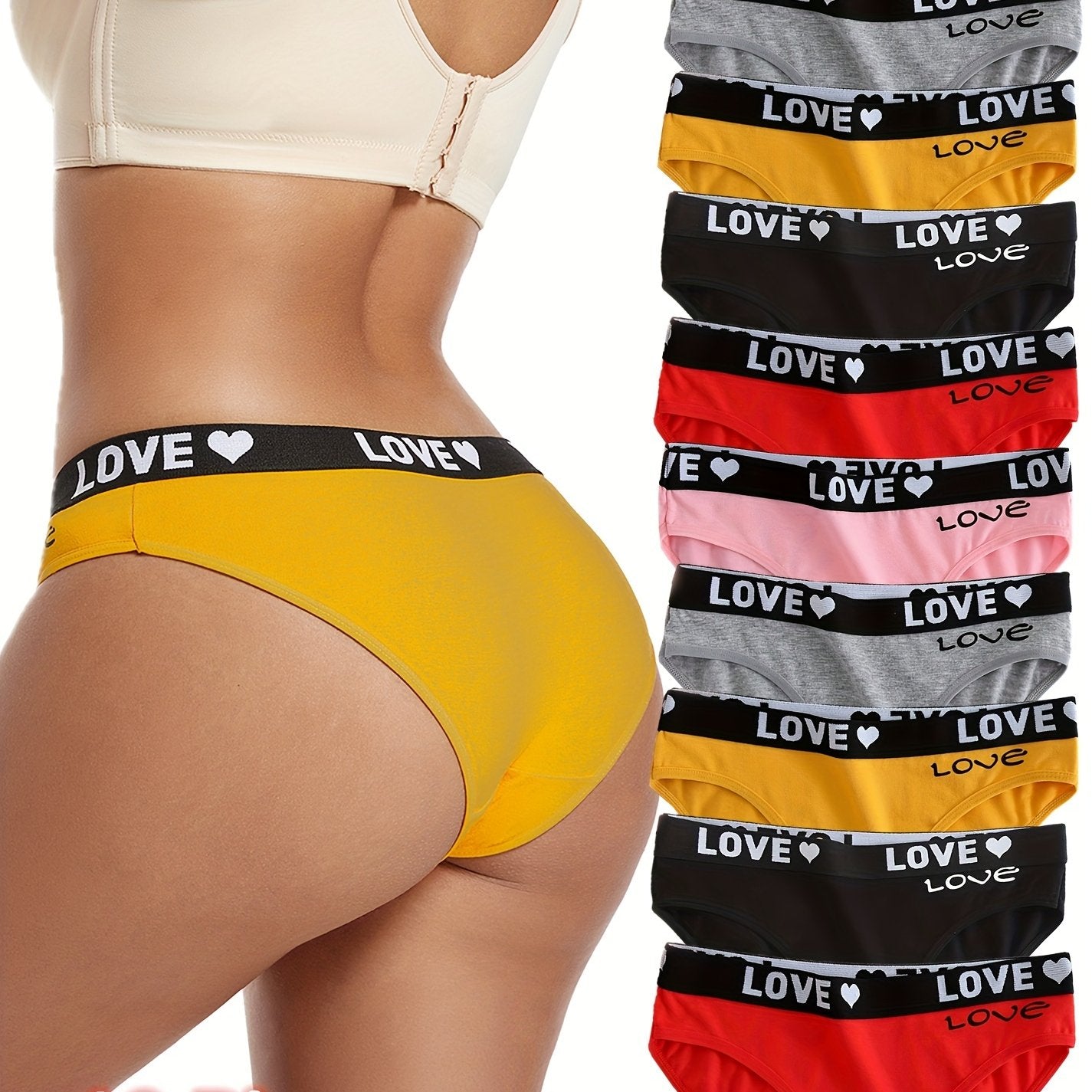 10 Pcs Women's Fashion Briefs with Love & Letter Print, Breathable Butt-Lifting Cotton Panties