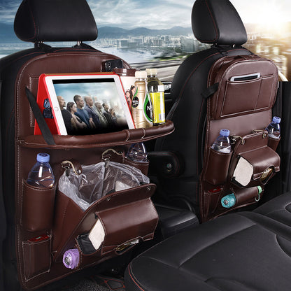 Luxury PU Leather Car Backseat Organizer with Foldable Table – Multi-Functional Car Seat Storage.