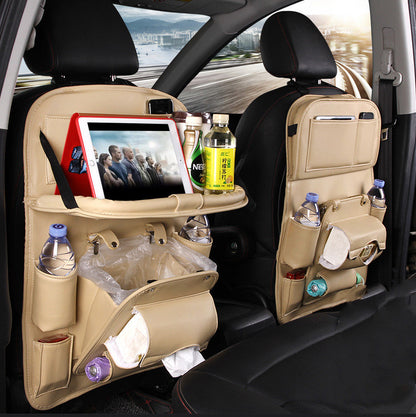 Luxury PU Leather Car Backseat Organizer with Foldable Table – Multi-Functional Car Seat Storage.