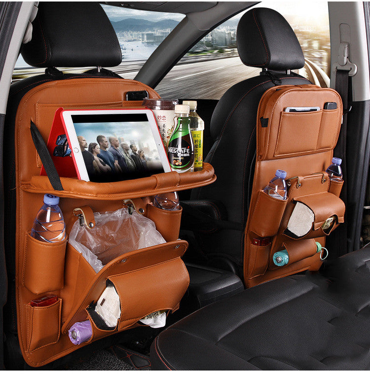Luxury PU Leather Car Backseat Organizer with Foldable Table – Multi-Functional Car Seat Storage.