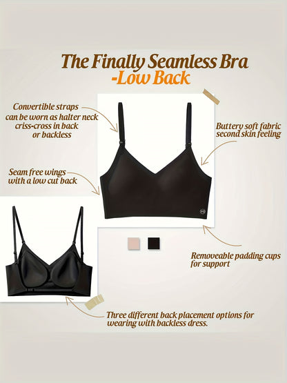 Women's Wireless Sports Bra With Flat Convertible Straps, Seamless Invisible Edge, And Ultra Low-Back Design, Adjustable Fit - Hiccupzz