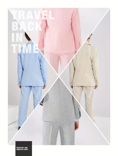 3-Pcs Boys Formal Plaid Gentleman Outfit Set, Long Sleeve Blazer, Bowtie, Pants - Hiccupzz