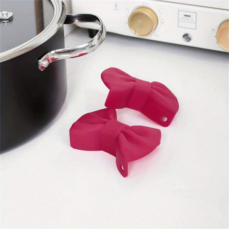 2 Pcs Silicone Pot Clip - Non-Slip Bowknot Handle Sleeves for Kitchen Cooking