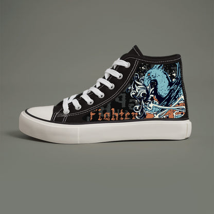 Anime Print Flat Heighten Chunky Canvas Sneakers, Wear Resistance Non Slip High Top Classic Skate Shoes, Casual Versatile Lightweight Lace Up Outdoor Walking Shoes - Hiccupzz