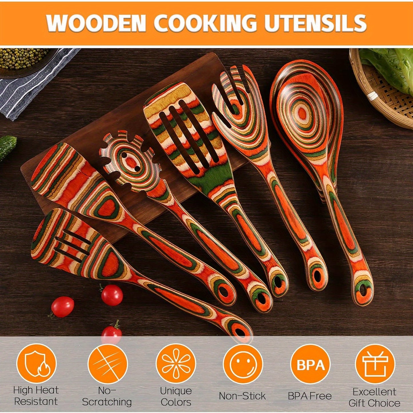 Kitchen Utensils Set for Cooking, 7 Pcs Pakkawood Wooden Cooking Spoons &amp; Spatulas with Spoon Rest, Safe for Non-Stick Cookware, Housewarming Kitchen Gift