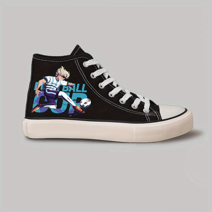 Men's Football Cup Anime Pattern Lace Up Canvas Shoes, High Top Casual Shoes For Outdoor Walking Traveling - Hiccupzz
