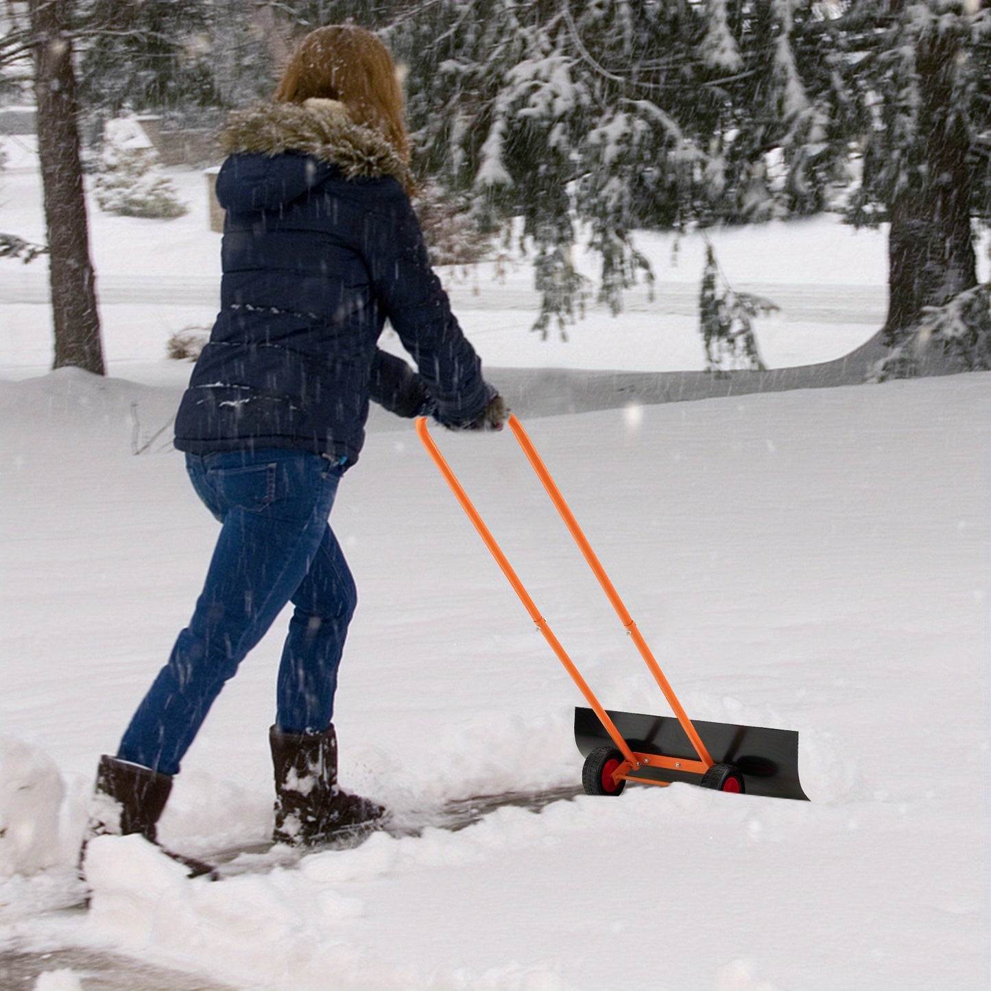 Multigot 30" Snow Shovel Heavy-Duty Metal Adjustable Height Wheeled Snow Removal Pusher