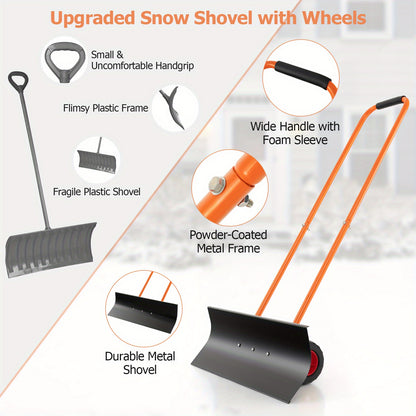 Multigot 30" Snow Shovel Heavy-Duty Metal Adjustable Height Wheeled Snow Removal Pusher