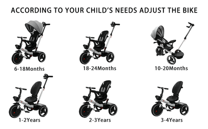 1 Pc 6-in-1 Baby Tricycle Push Bike, Steerable Stroller with Detachable Guardrail, Adjustable Canopy, Safety Harness, Folding Pedals, Storage Basket, Brake, and Shock Absorption