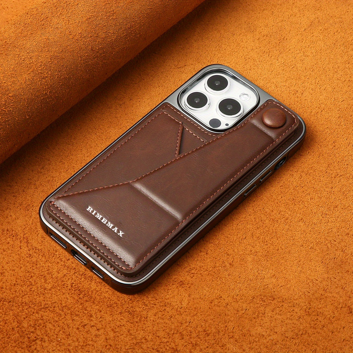 Light luxury premium leather phone case, suitable for iPhone 12/13/14/15Plus/ProMax series with built-in stand phone case and card clip