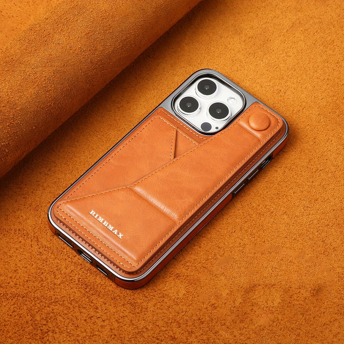 Light luxury premium leather phone case, suitable for iPhone 12/13/14/15Plus/ProMax series with built-in stand phone case and card clip