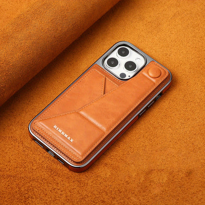 Light luxury premium leather phone case, suitable for iPhone 12/13/14/15Plus/ProMax series with built-in stand phone case and card clip - Hiccupzz
