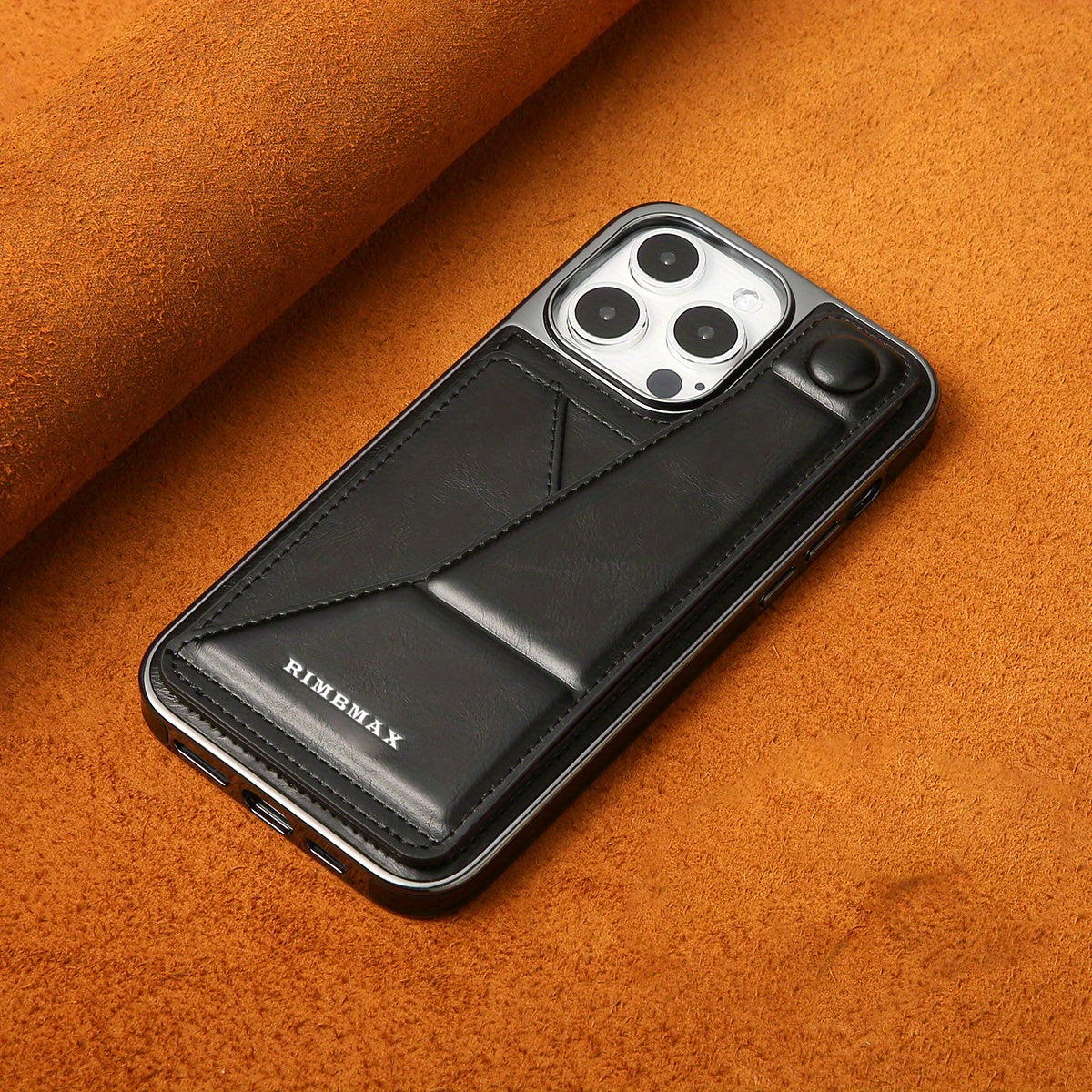 Light luxury premium leather phone case, suitable for iPhone 12/13/14/15Plus/ProMax series with built-in stand phone case and card clip