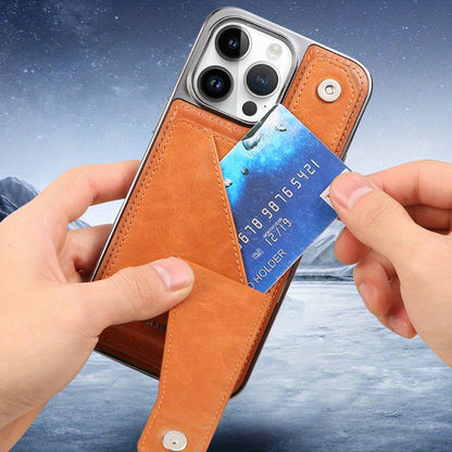 Light luxury premium leather phone case, suitable for iPhone 12/13/14/15Plus/ProMax series with built-in stand phone case and card clip - Hiccupzz