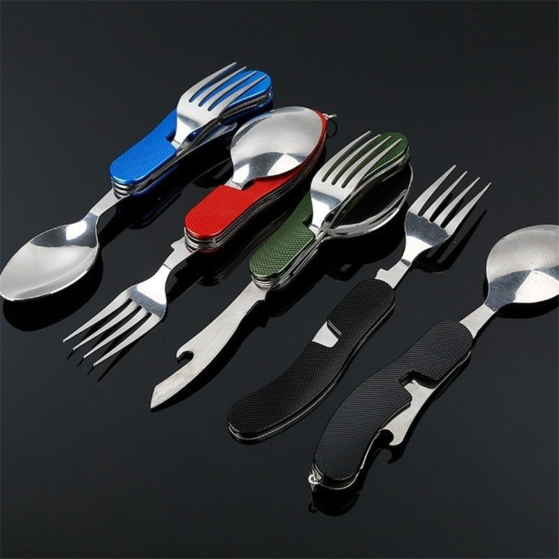 4-in-1 Stainless Steel Folding Camping Utensil - Fork, Spoon, Knife, Bottle Opener for Outdoor Travel & Survival