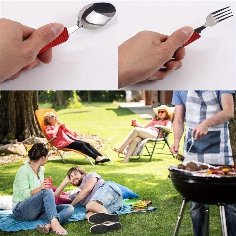 4-in-1 Stainless Steel Folding Camping Utensil - Fork, Spoon, Knife, Bottle Opener for Outdoor Travel & Survival