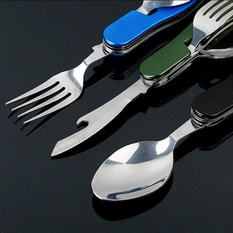 4-in-1 Stainless Steel Folding Camping Utensil - Fork, Spoon, Knife, Bottle Opener for Outdoor Travel & Survival