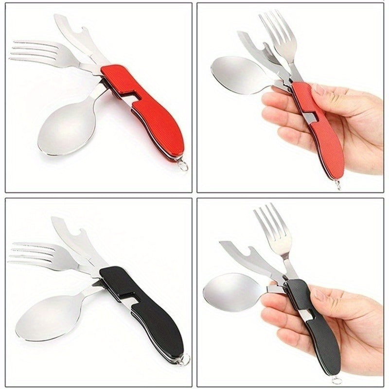 4-in-1 Stainless Steel Folding Camping Utensil - Fork, Spoon, Knife, Bottle Opener for Outdoor Travel & Survival