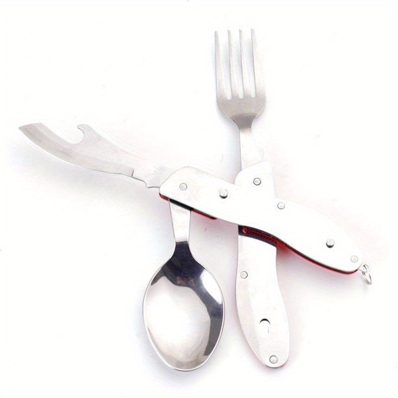 4-in-1 Stainless Steel Folding Camping Utensil - Fork, Spoon, Knife, Bottle Opener for Outdoor Travel & Survival