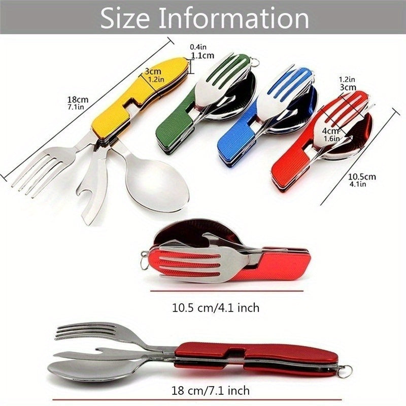 4-in-1 Stainless Steel Folding Camping Utensil - Fork, Spoon, Knife, Bottle Opener for Outdoor Travel & Survival