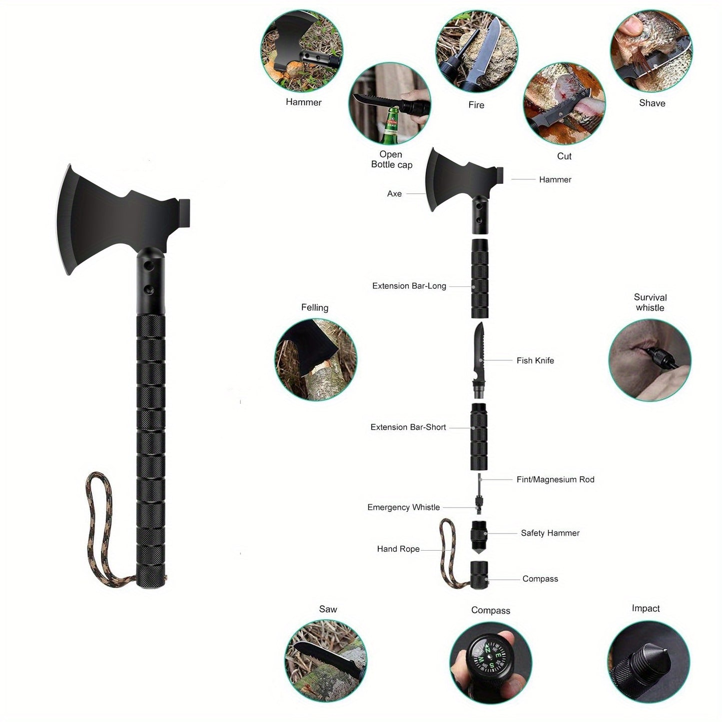 Survival Axe Kit - Camping Axe, Off-Roading Multitool Folding Hatchet with Hammer, Versatile Survival Axe