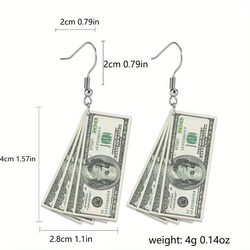 Acrylic US Dollar Bill Drop Earrings - Funny Money Dangle Earrings for Parties, Independence Day Accessory, Unique Jewelry, Gift Options Available