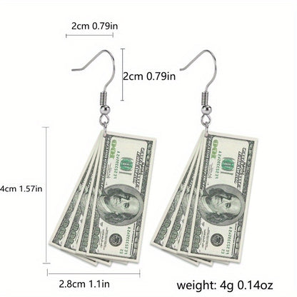 Acrylic US Dollar Bill Drop Earrings - Funny Money Dangle Earrings for Parties, Independence Day Accessory, Unique Jewelry, Gift Options Available - Hiccupzz