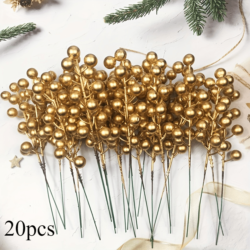 20/30 Pcs Artificial Golden Berry Stems - Plastic Berry Branches for DIY Wreaths, Christmas Trees, and Wedding Décor