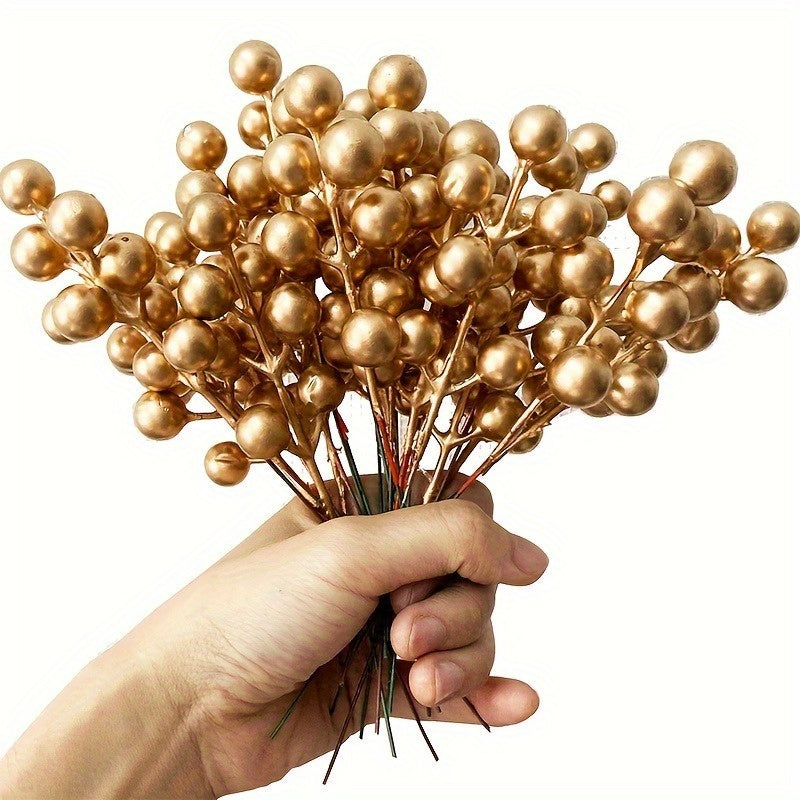 20/30 Pcs Artificial Golden Berry Stems - Plastic Berry Branches for DIY Wreaths, Christmas Trees, and Wedding Décor