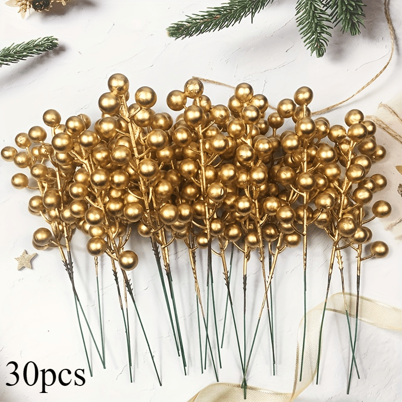 20/30 Pcs Artificial Golden Berry Stems - Plastic Berry Branches for DIY Wreaths, Christmas Trees, and Wedding Décor