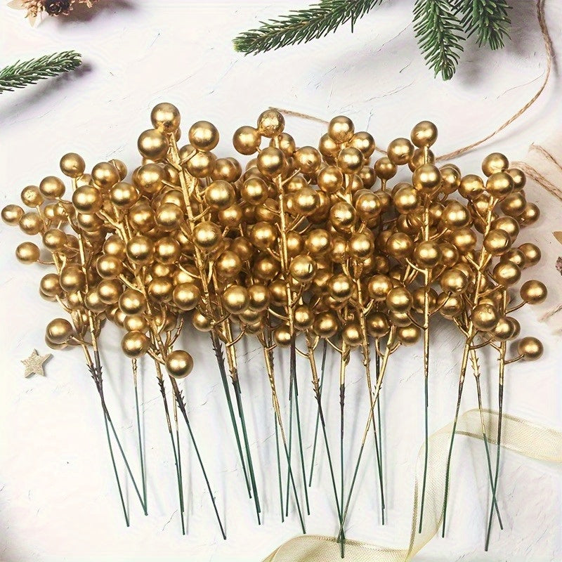 20/30 Pcs Artificial Golden Berry Stems - Plastic Berry Branches for DIY Wreaths, Christmas Trees, and Wedding Décor