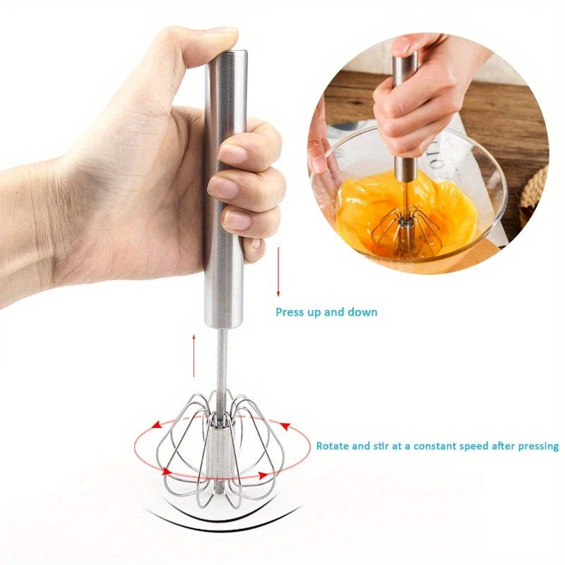 Semi-Automatic Stainless Steel Whisk Set: Manual Hand Push Egg Beater and Non-Electric Rotary Whisk (10/12/14 Inch) for Mixing and Frothing