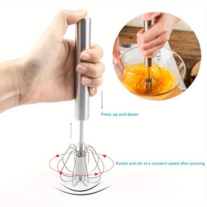Semi-Automatic Stainless Steel Whisk Set: Manual Hand Push Egg Beater and Non-Electric Rotary Whisk (10/12/14 Inch) for Mixing and Frothing - Hiccupzz