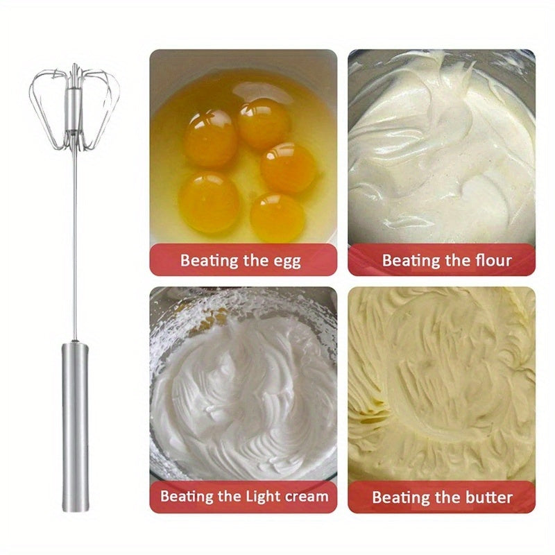 Semi-Automatic Stainless Steel Whisk Set: Manual Hand Push Egg Beater and Non-Electric Rotary Whisk (10/12/14 Inch) for Mixing and Frothing