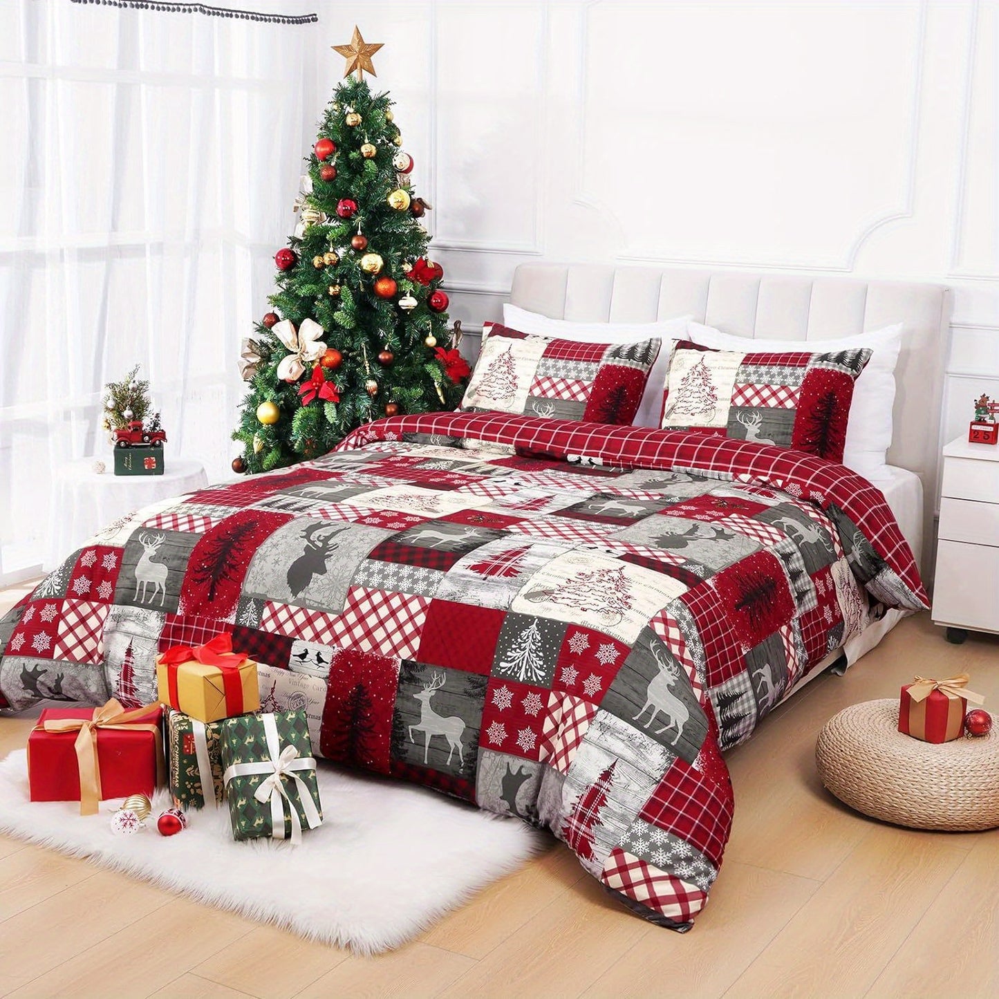 3 Pcs Christmas Duvet Cover Set - Queen & King Sizes, Red Buffalo Plaid Comforter with Zipper Closure, Includes 1 Duvet Cover & 2 Pillow Shams