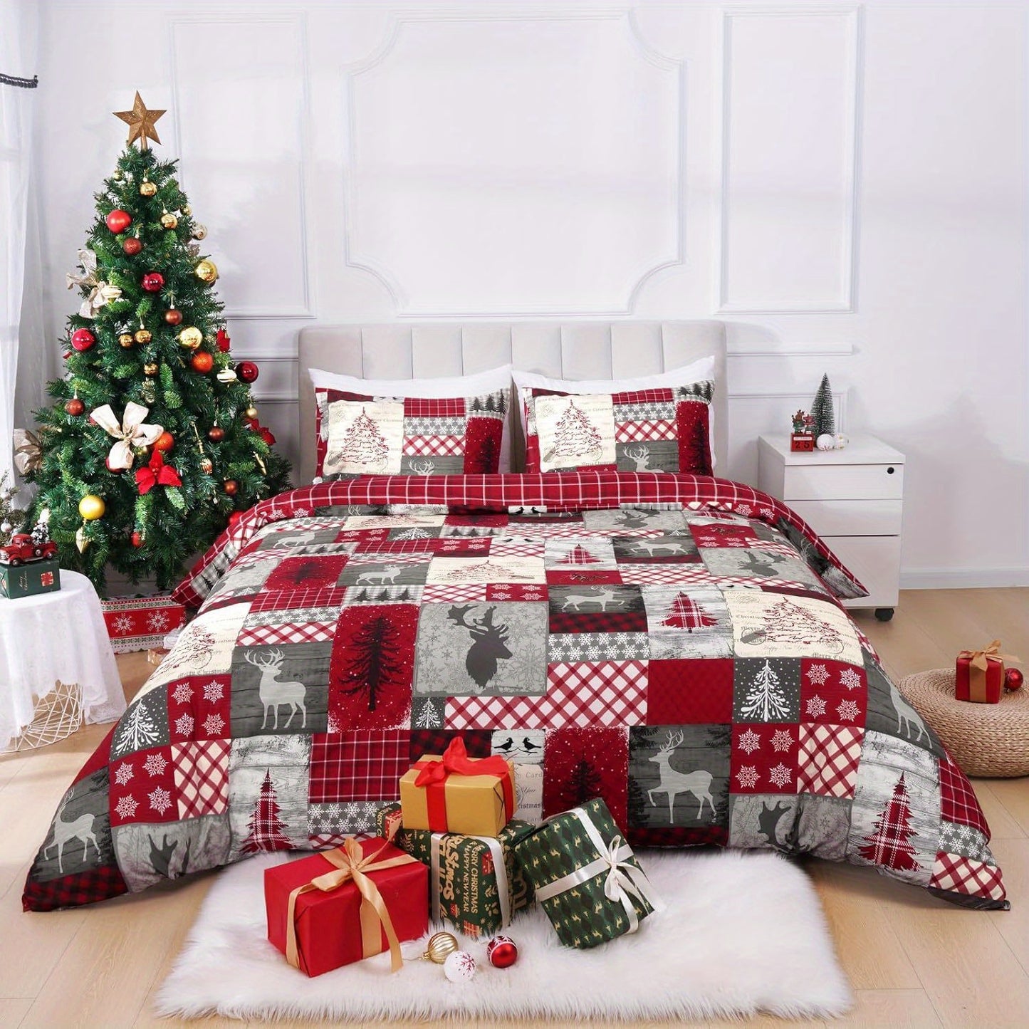 3 Pcs Christmas Duvet Cover Set - Queen & King Sizes, Red Buffalo Plaid Comforter with Zipper Closure, Includes 1 Duvet Cover & 2 Pillow Shams